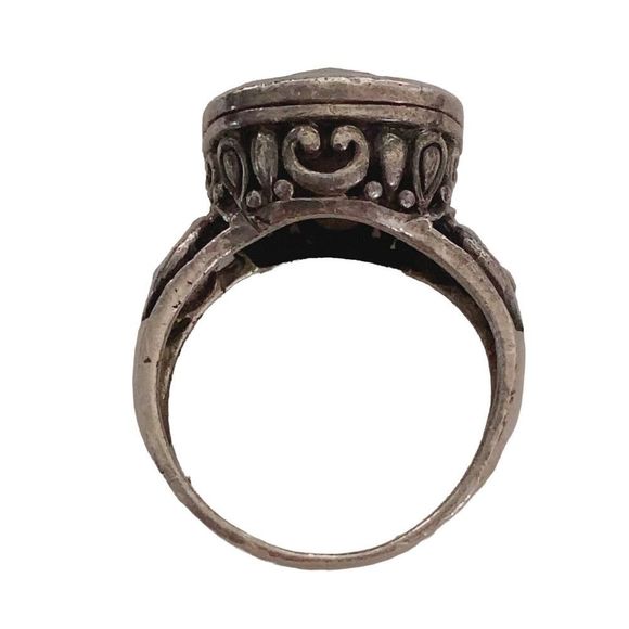 VTG 925 Sterling Silver Faceted Onyx Scroll Filigree Ring Size 6.75 Wide Band - Picture 10 of 11
